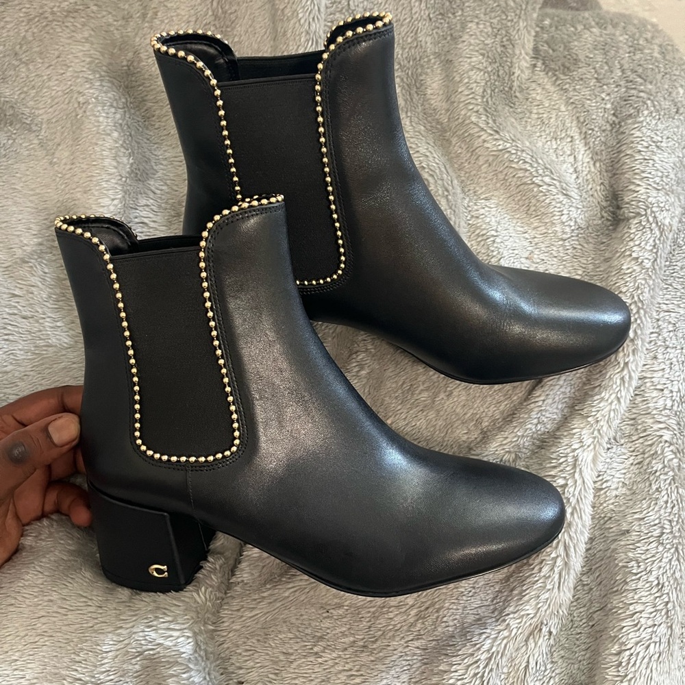 Coach TORRI BOOTIES Black Ankle Boots with Gold Trim - Picture 7 of 7